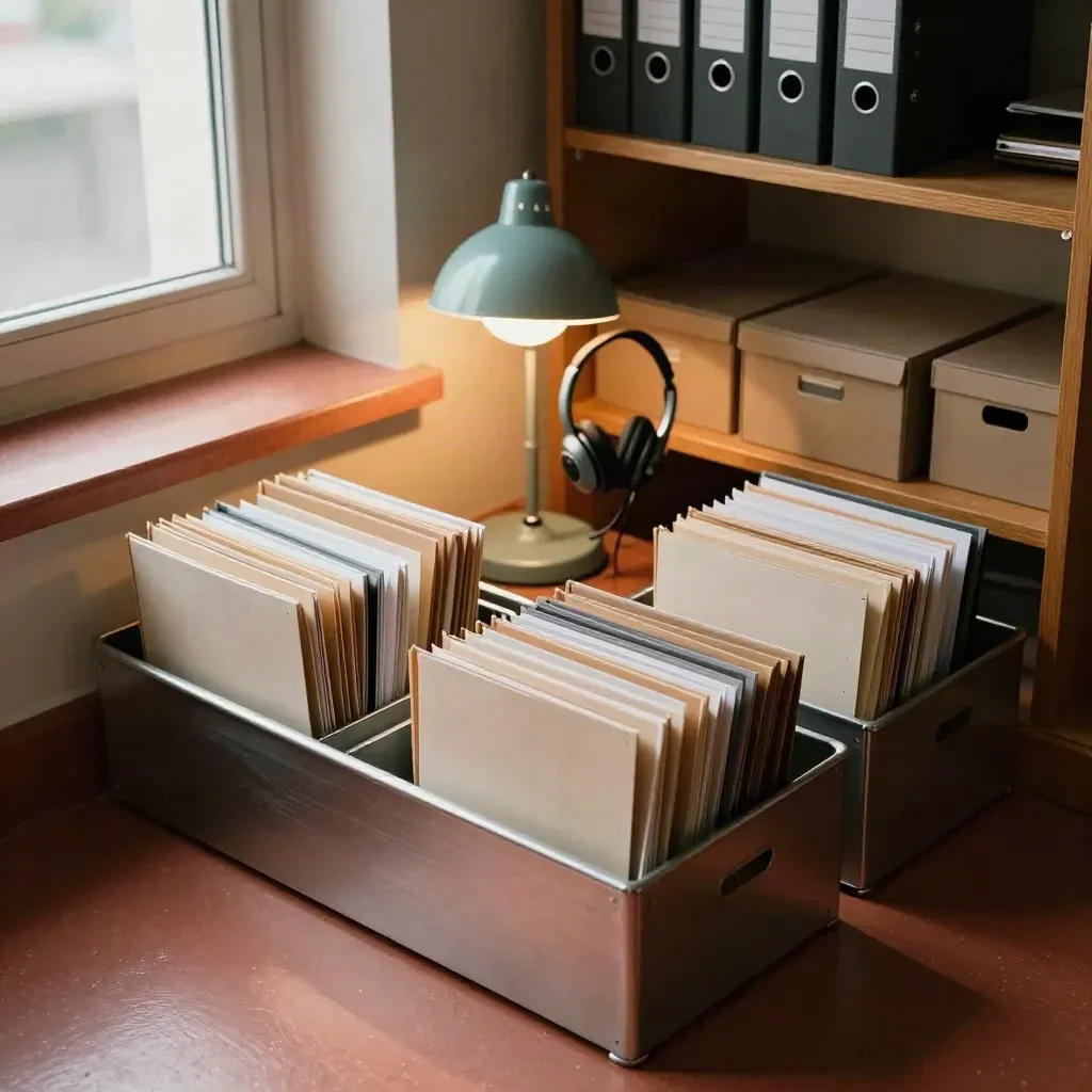 Compacte HR-hoek met trays, gesloten dossiers, headsetstandaard en bureaulamp in warm licht.